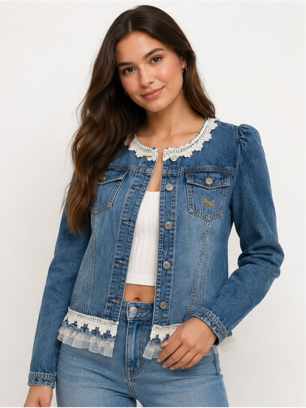Denim Lace-Trim Jean Jacket - Blue